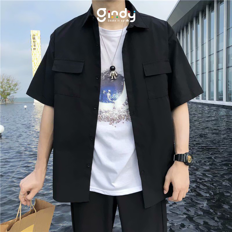 Áo sơ mi unisex Màu HOT TREND tay ngắn nam nữ GINDY form rộng có túi phong cách Ulzzang A015