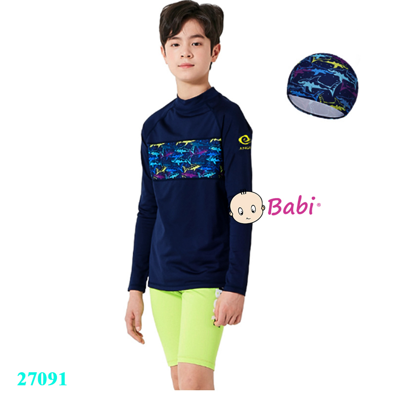 (Size đại 35-55kg)-Đồ bơi bé trai tay dài kèm mũ nón họa tiết cá, đồ bơi chống nắng quần rời cho bé trai