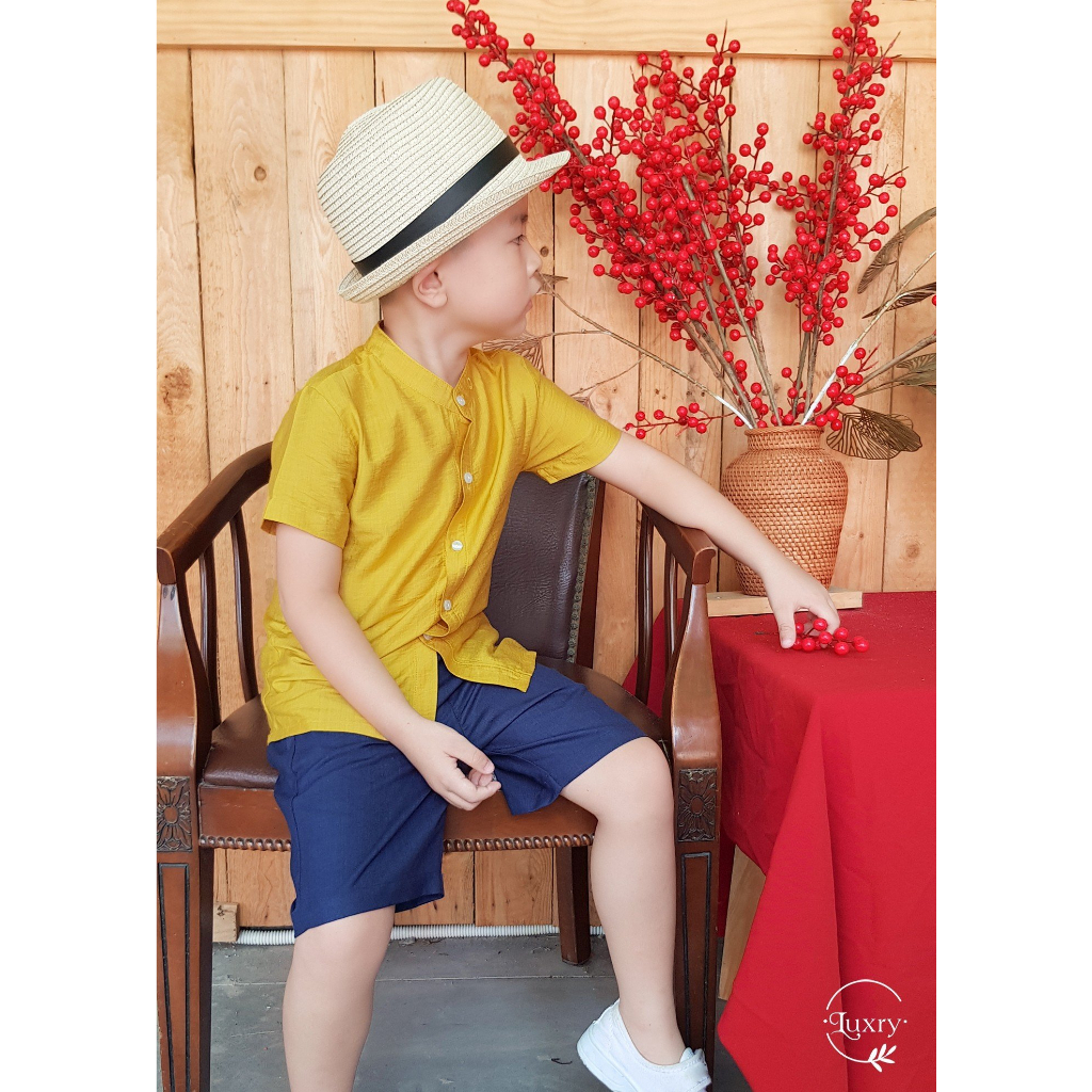 Áo sơ mi cổ tàu cho bé trai, bé gái thanh lịch từ Luxry với chất vải đũi tre siêu mát và sang trọng