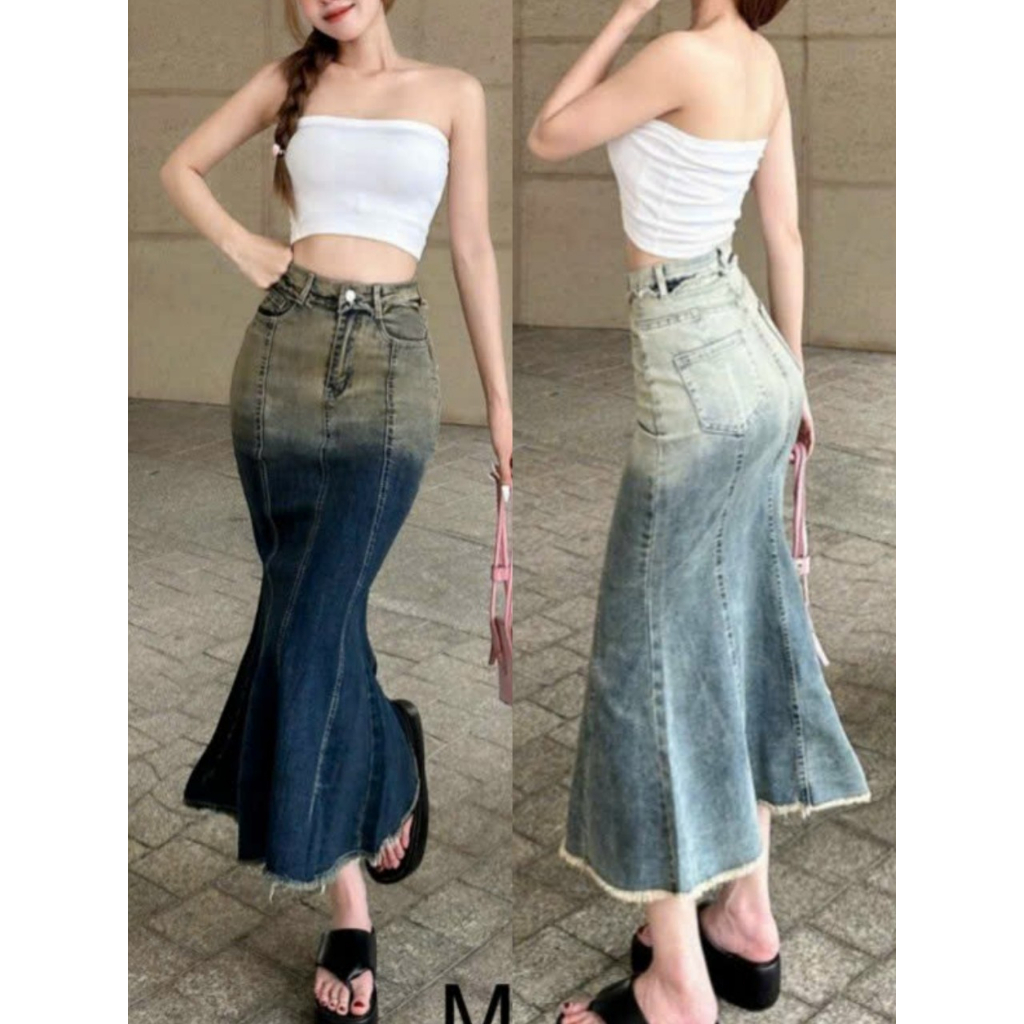 Chân váy bò jean dài đuôi cá ôm sát cách điệu ulzzang - Chân váy bò loang màu phong cách trẻ trung năng động