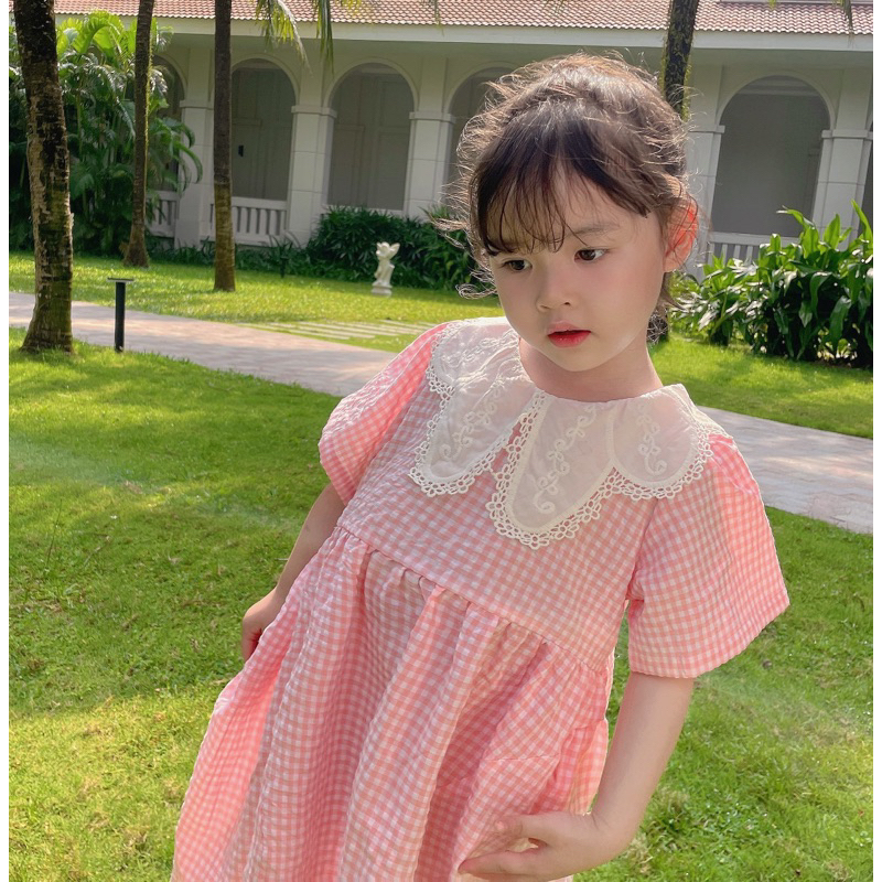 Váy bé gái CHICHU Kẻ caro hồng babie Thô Hàn Cao Cấp phối ren tiểu thư công chúa size 1-7