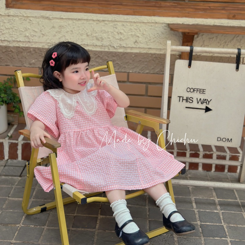 Váy bé gái CHICHU Kẻ caro hồng babie Thô Hàn Cao Cấp phối ren tiểu thư công chúa size 1-7