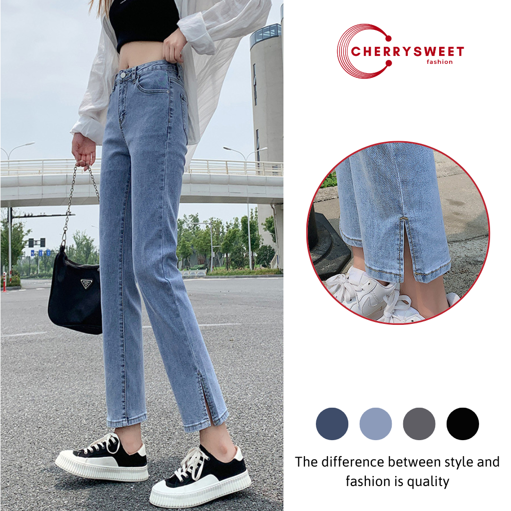 Quần skinny jean nữ xẻ gấu CHERRYSWEET ống đứng dáng suông lửng phong cách Hàn Quốc chất vải bò cao cấp dễ phối đồ T031