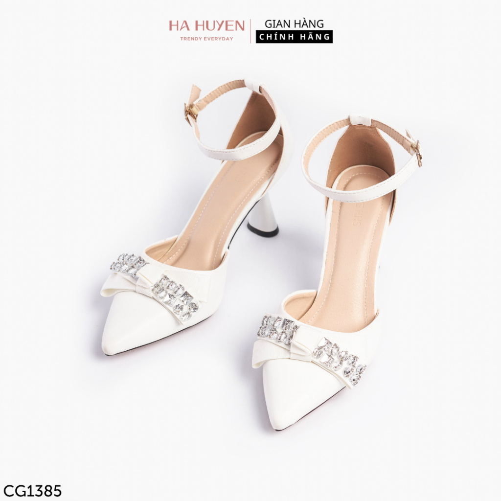 Giày cao gót nữ Hà Huyền Shoes khoét eo mũi nhọn nơ chéo đính đá quai mảnh 7 phân - CG1385