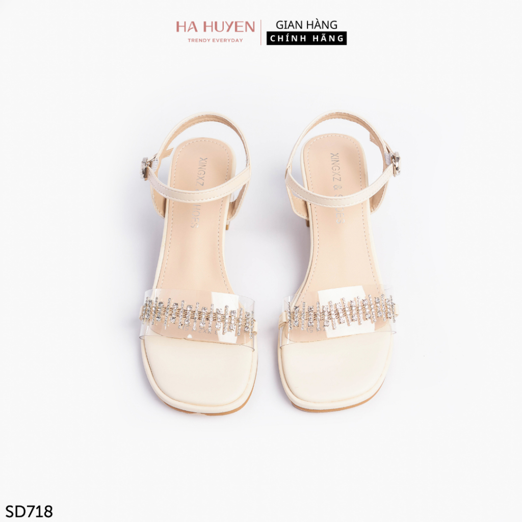 Sandal cao gót nữ Hà Huyền Shoes quai trong dải sợi đá gót vuông 5 phân - SD718