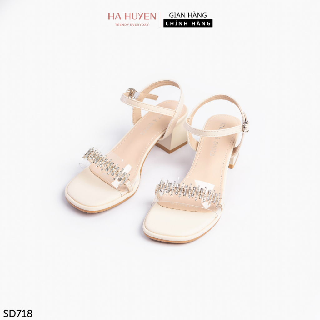 Sandal cao gót nữ Hà Huyền Shoes quai trong dải sợi đá gót vuông 5 phân - SD718
