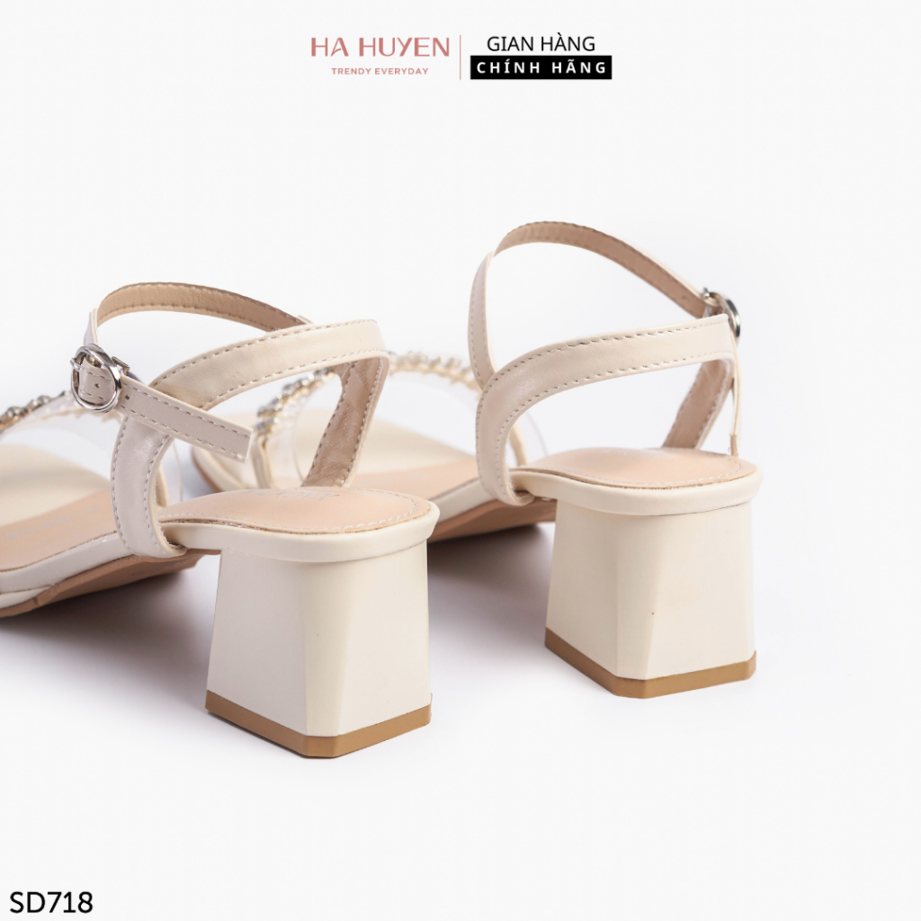 Sandal cao gót nữ Hà Huyền Shoes quai trong dải sợi đá gót vuông 5 phân - SD718