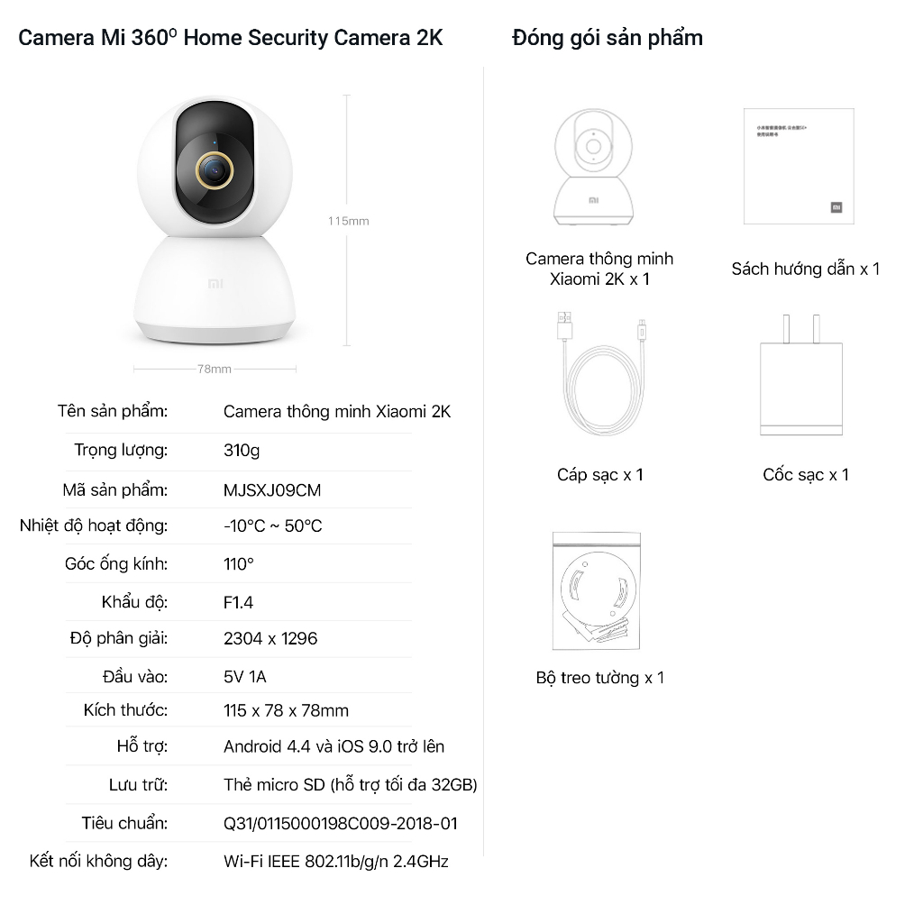 Camera Giám Sát Wifi Xiaomi 2K Full HD Xoay 360 độ Đàm Thoại 2 Chiều - Hỗ Trợ Tiếng Việt Qua App