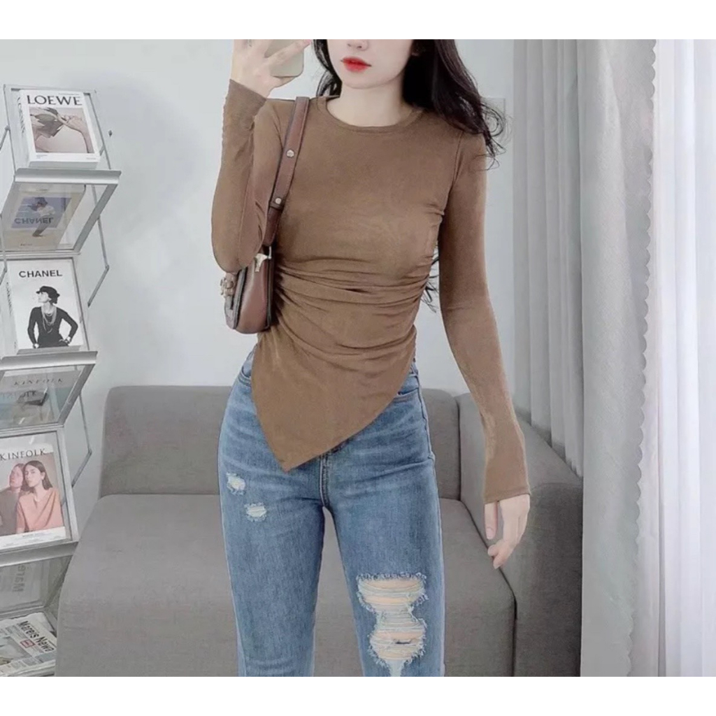 Áo thun kiểu nhũ lai xéo tay dài xinh xinh lyie