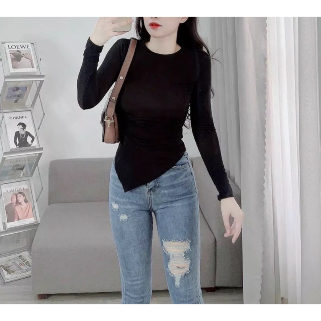 Áo thun kiểu nhũ lai xéo tay dài xinh xinh lyie