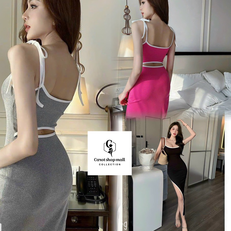 Đầm 2 dây viền xẻ tà hở lưng ( có mút ngực - hình thật shop chụp ) - CarotShop