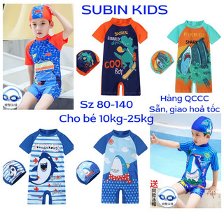 (hàng QC, sẵn) 10kg-25kg sz 80-130 Set đồ bơi liền bé trai có mũ  SBT312  Bộ bơi cá mập trẻ em 1 tuổi đến 8/9 tuổi SUBIN