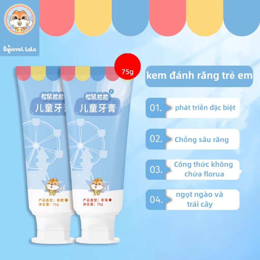 Squirrel lala kem đánh răng trẻ em,làm sạch nhẹ nhàng,Kháng Côn Trùng, Cam Dâu 75g