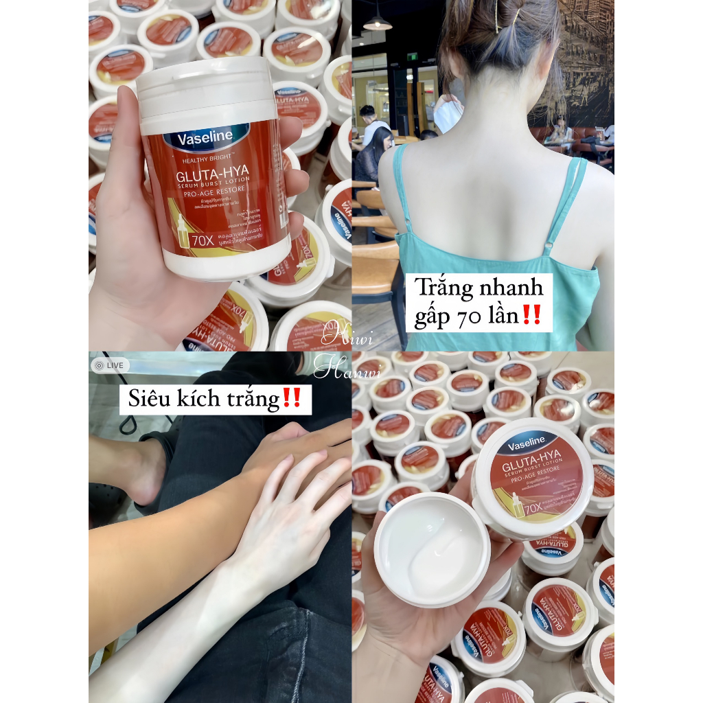 Kem kích trắng body vaseline glu 70x hũ 200g