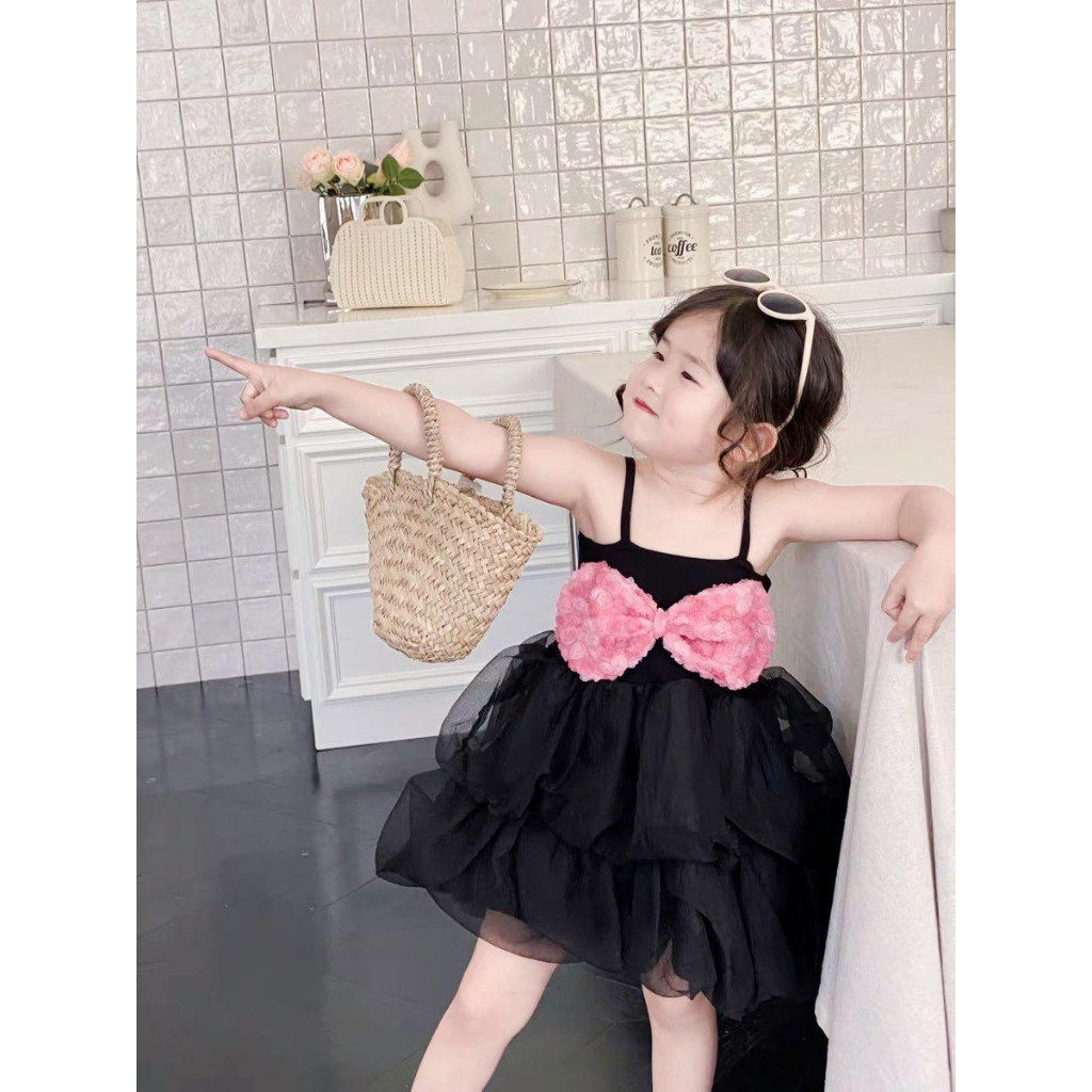Váy 2 dây tơ óng nơ hồng điệu đà cho bé từ 8-28kg