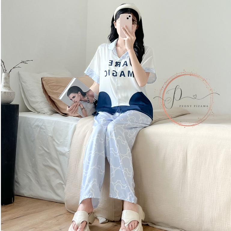 Set đồ ngủ lụa latin tay ngắn quần dài, đồ bộ nữ mặc nhà pyjama in hình chuột Micky trong bộ sưu tập đồ bộ bigsize