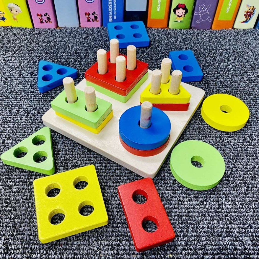 Bộ xếp hình montessori thả khối trụ gỗ vuông, tròn, tam giác, chữ nhật, đồ chơi trí tuệ cho bé
