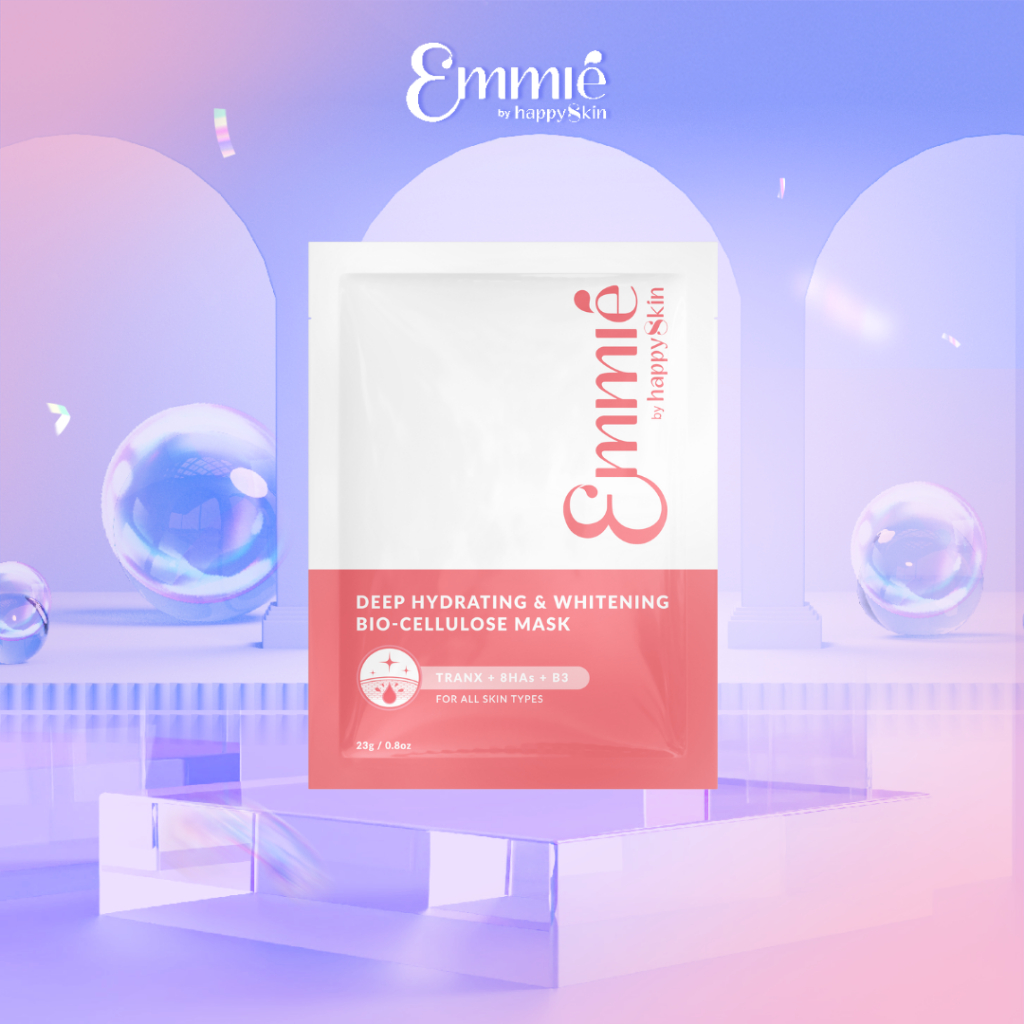 Combo: Serum C + Băng Đô + 2 Mặt Nạ Dưỡng Trắng Super Hydrating & Whitening Bio Cellulose Mask Emmié by HappySkin