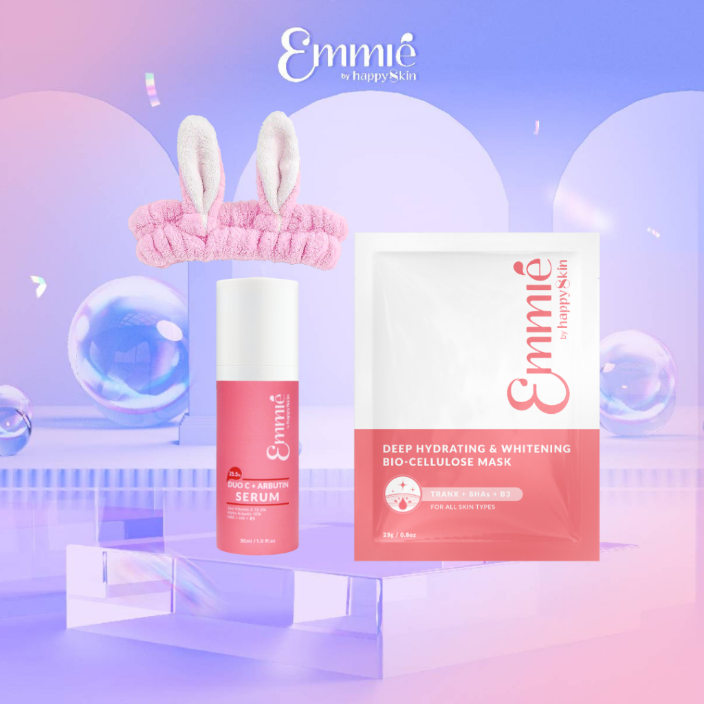 Combo: Serum C + Băng Đô + 2 Mặt Nạ Dưỡng Trắng Super Hydrating & Whitening Bio Cellulose Mask Emmié by HappySkin