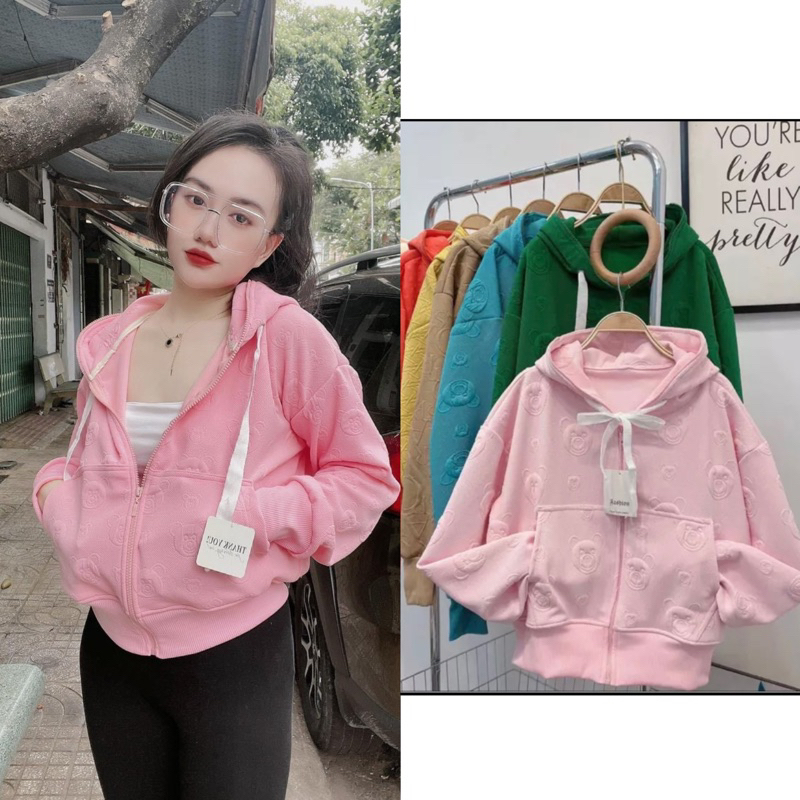 Áo khoác dập nổi cao cấp xỏ ngón kéo cao ( kèm túi trong ) nón to