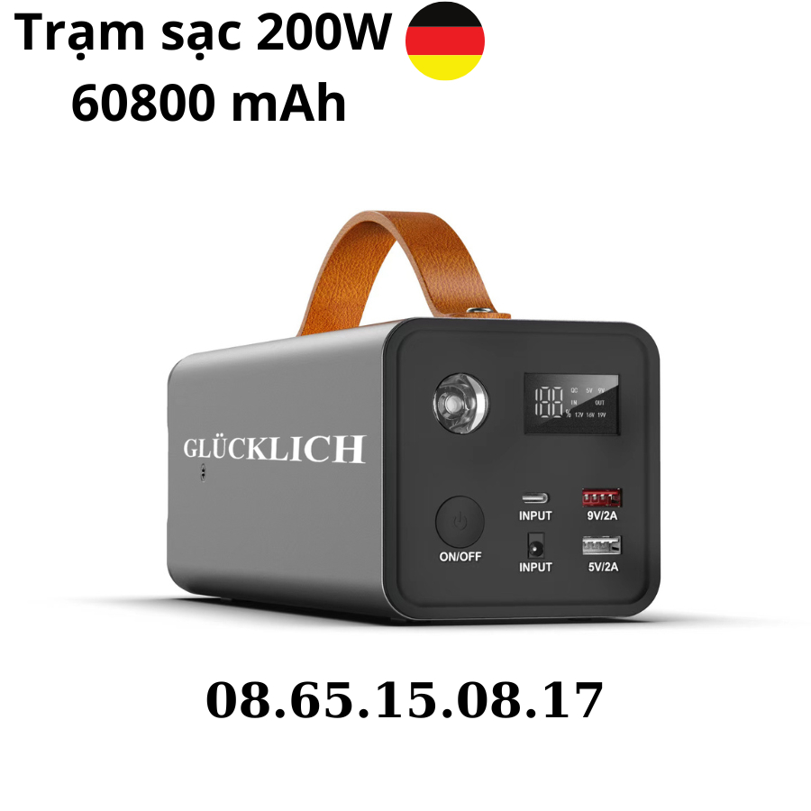 (chính hãng) Trạm sạc di động GLUCKLICH 200W 60800 mAh - Tiểu chuẩn Châu Âu, sử dụng linh hoạt