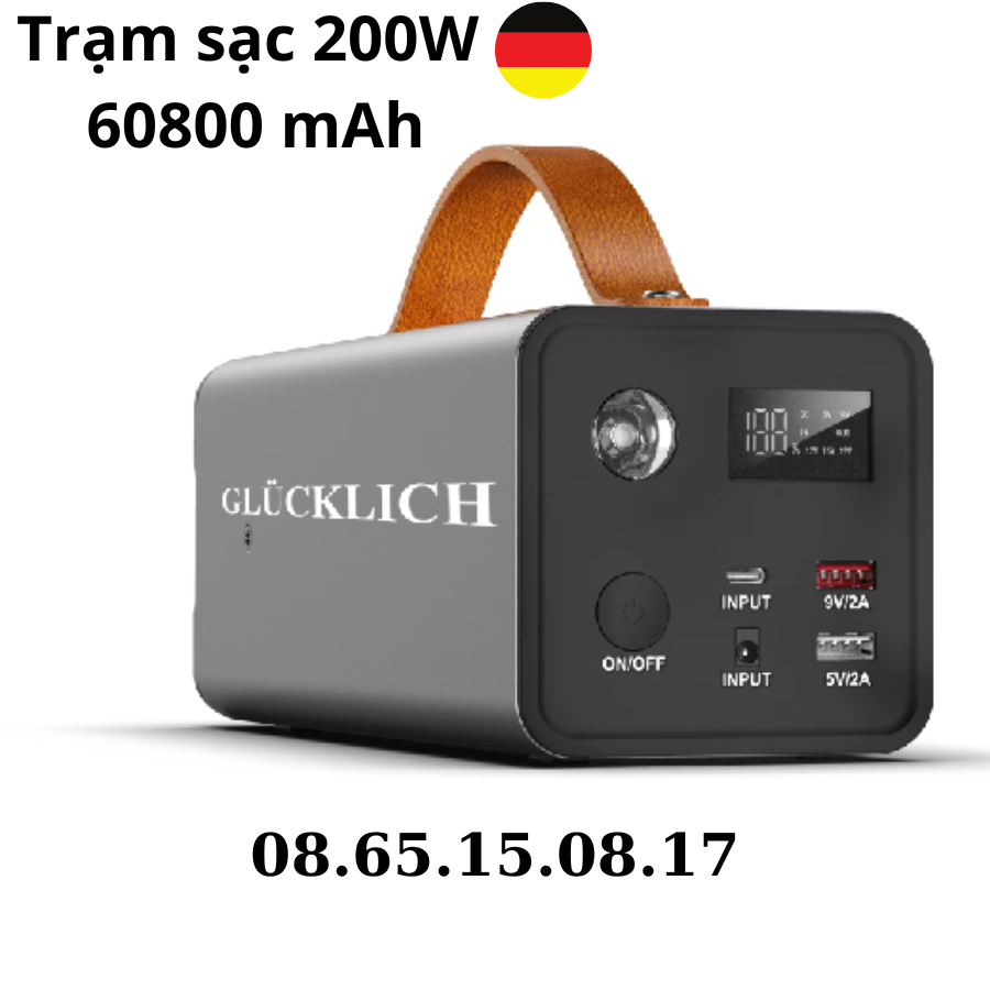 Trạm sạc di động GLUCKLICH 200W 60800 mAh - Tiểu chuẩn Châu Âu, sử dụng linh hoạt - cắm nguồn 220V