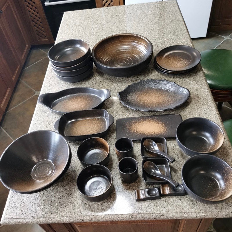 Bộ bát đĩa gốm sứ màu đen phong cách Nhật Bản, bát đĩa decor