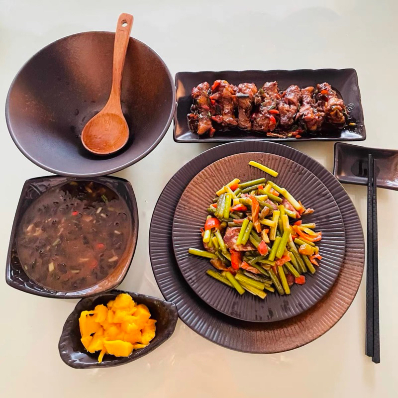 Bộ bát đĩa gốm sứ màu đen phong cách Nhật Bản, bát đĩa decor