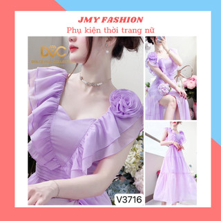 V3716 Váy voan tím maxi đi biển nữ tính [Dolce Viva Colection (DVC)] Váy voan tím cổ tim xẻ hông thiết kế sang chảnh