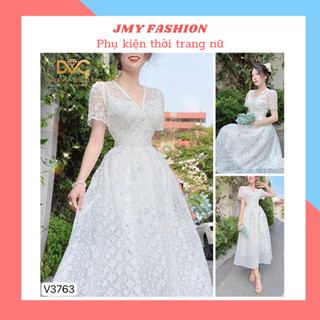 V3763 váy ren trắng hoa nhí xanh xoè tiểu thư [Dolce Viva Colection (DVC)] váy đầm trắng xoè dài vintage