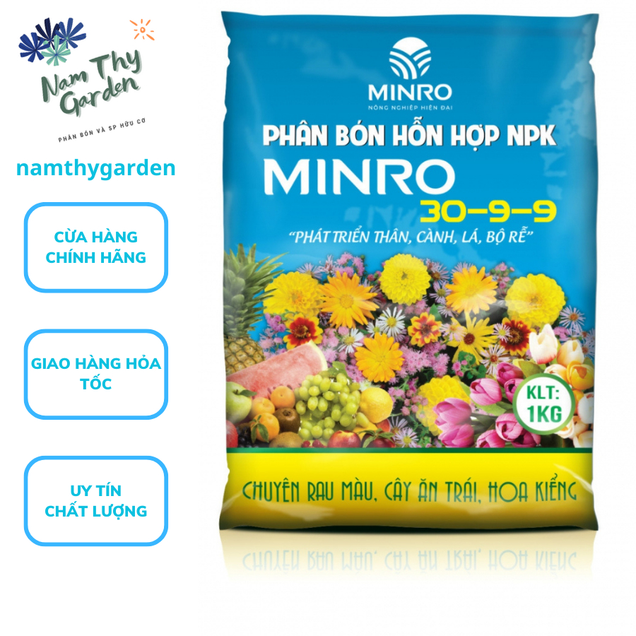 Phân bón NPK hỗn hợp Minro 30-9-9 túi 1kg giúp phát triển thân, cành, lá, bộ rễ