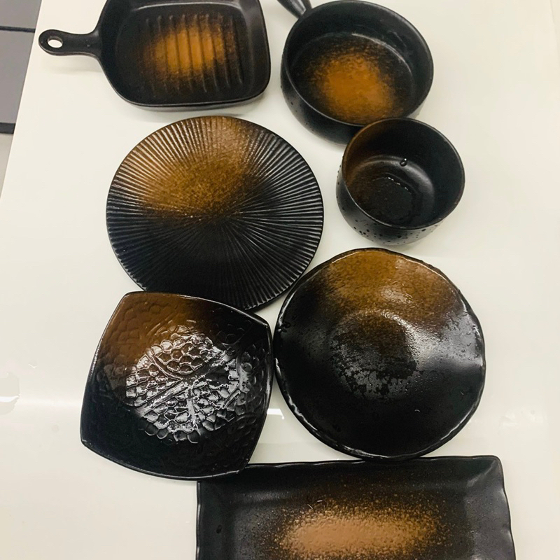 Bộ bát đĩa gốm sứ màu đen phong cách Nhật Bản, bát đĩa decor