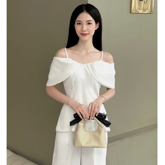 Túi nữ Chow bag Hérisson màu kem + nơ + quai dài