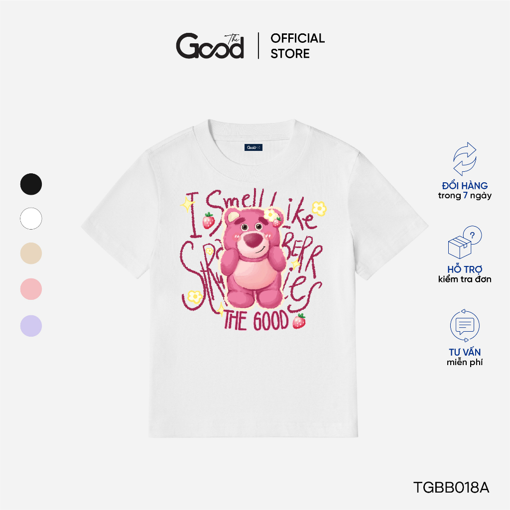 Áo Thun BabyTee THE GOOD "I Smell Like Strawberry", Áo Phông Form Fit Nữ Họa Tiết Gấu Hồng 4 Màu Pastel