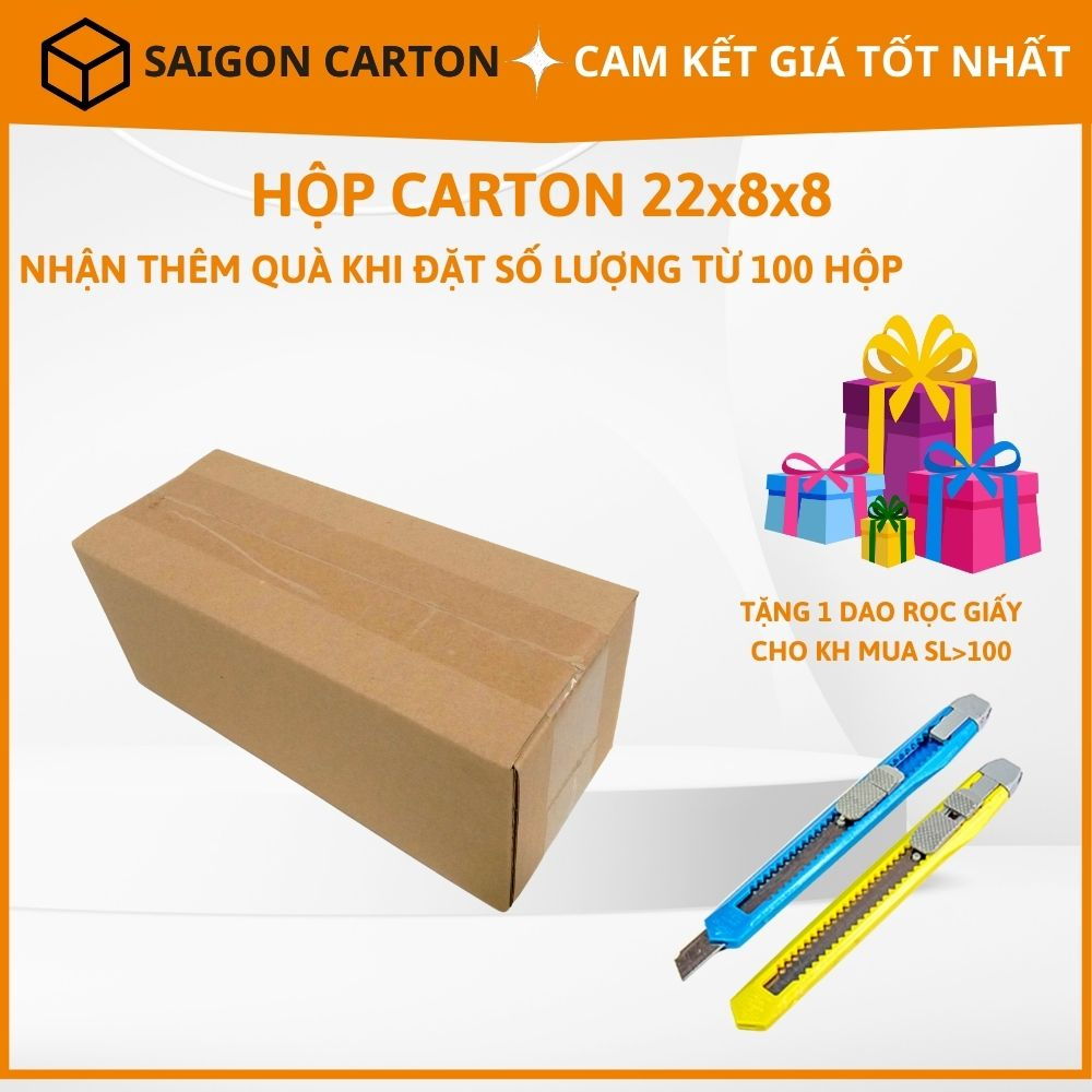 Hộp carton đóng gói hàng cho shop online size 22X8X8 cm - mua 100 tặng 1 dao rọc giấy - sản xuất bởi SÀI GÒN CARTON