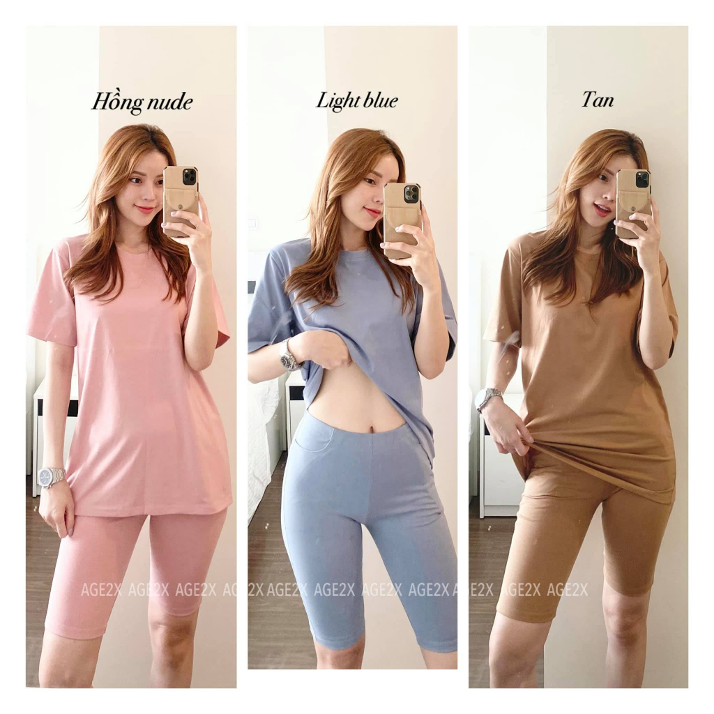 Set  AGE2X Quần biker short và áo thun trơn  form rộng