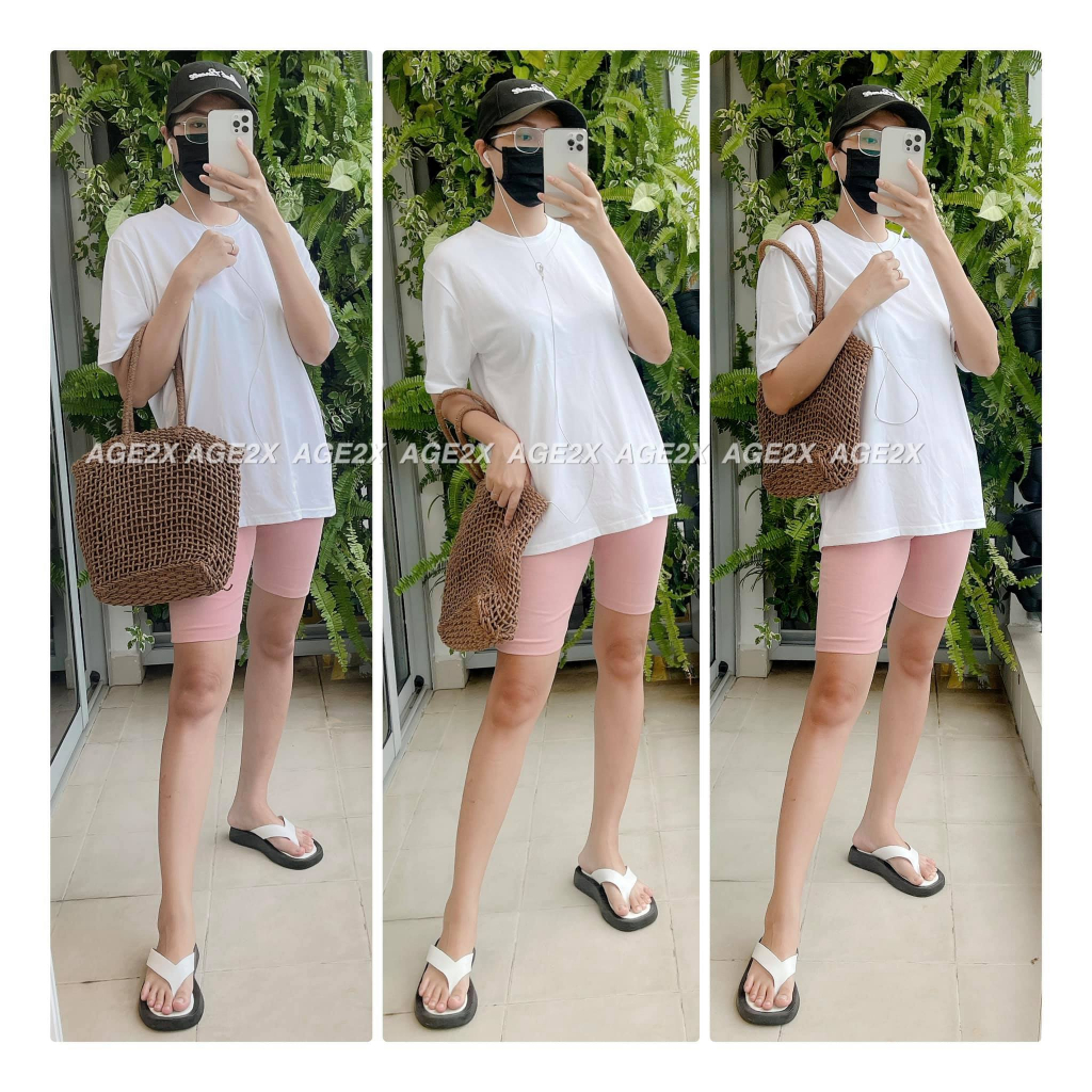 Set  AGE2X Quần biker short và áo thun trơn  form rộng