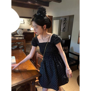 (ORDER) Váy tay hến cổ vuông thun ngực xòe ngắn chấm bi màu đen nhẹ nhàng điệu đà Hàn Quốc (Hàng QCL1)