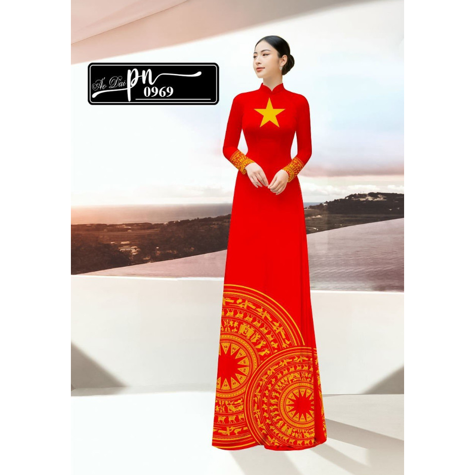 Vải may áo dài - hình ảnh trống đồng kết hợp biểu tượng cờ VIỆT NAM - mang đậm hình ảnh truyền thống - niềm tự hào