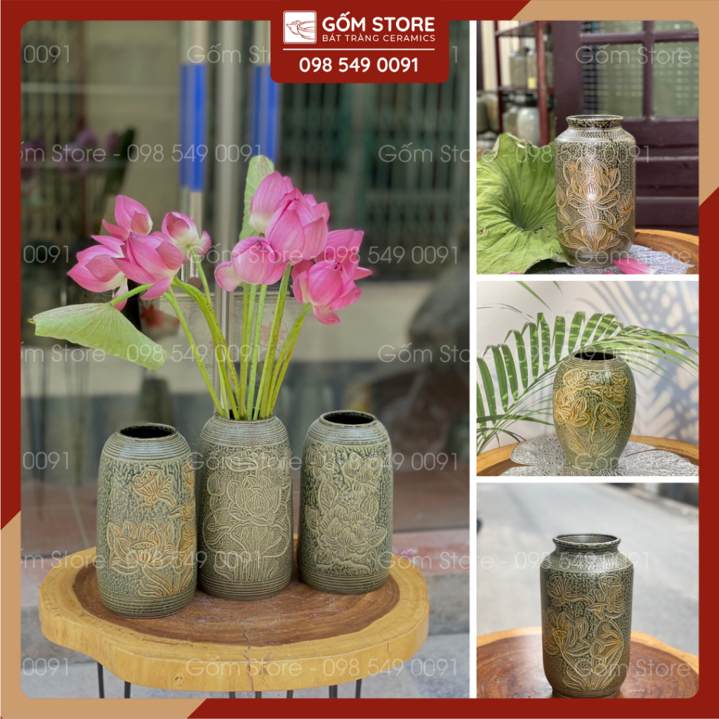 Bình Hoa Decor - Bình Cắm Hoa Bát Tràng Men Xanh Mộc - Khắc Tay Họa Tiết Hoa Sen - Gốm Store