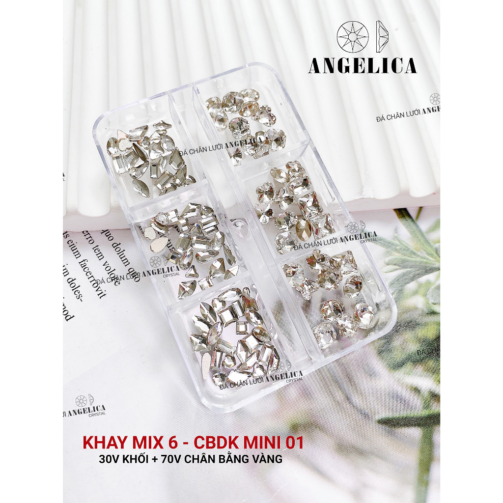 Khay 6 ô chân bằng đá khối nail chỉ size mini đá nhỏ chân vàng trang trí móng ANGELICA CBDKMN