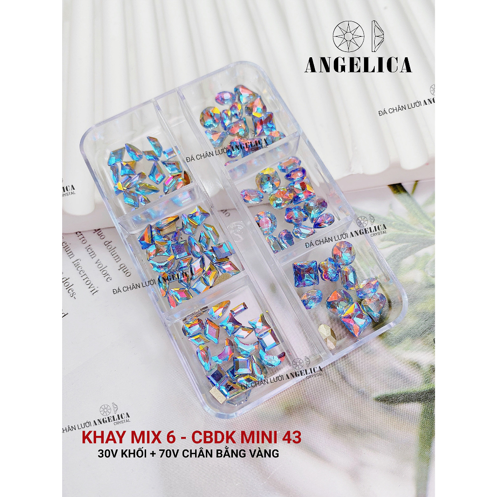 Khay 6 ô chân bằng đá khối nail chỉ size mini đá nhỏ chân vàng trang trí móng ANGELICA CBDKMN