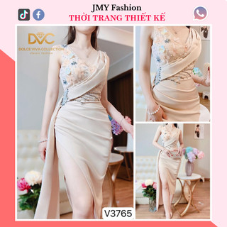 V3765 Váy be body xẻ hông dự tiệc [Dolce Viva Colection (DVC)] váy đầm be đính hoa cổ V sang chảnh