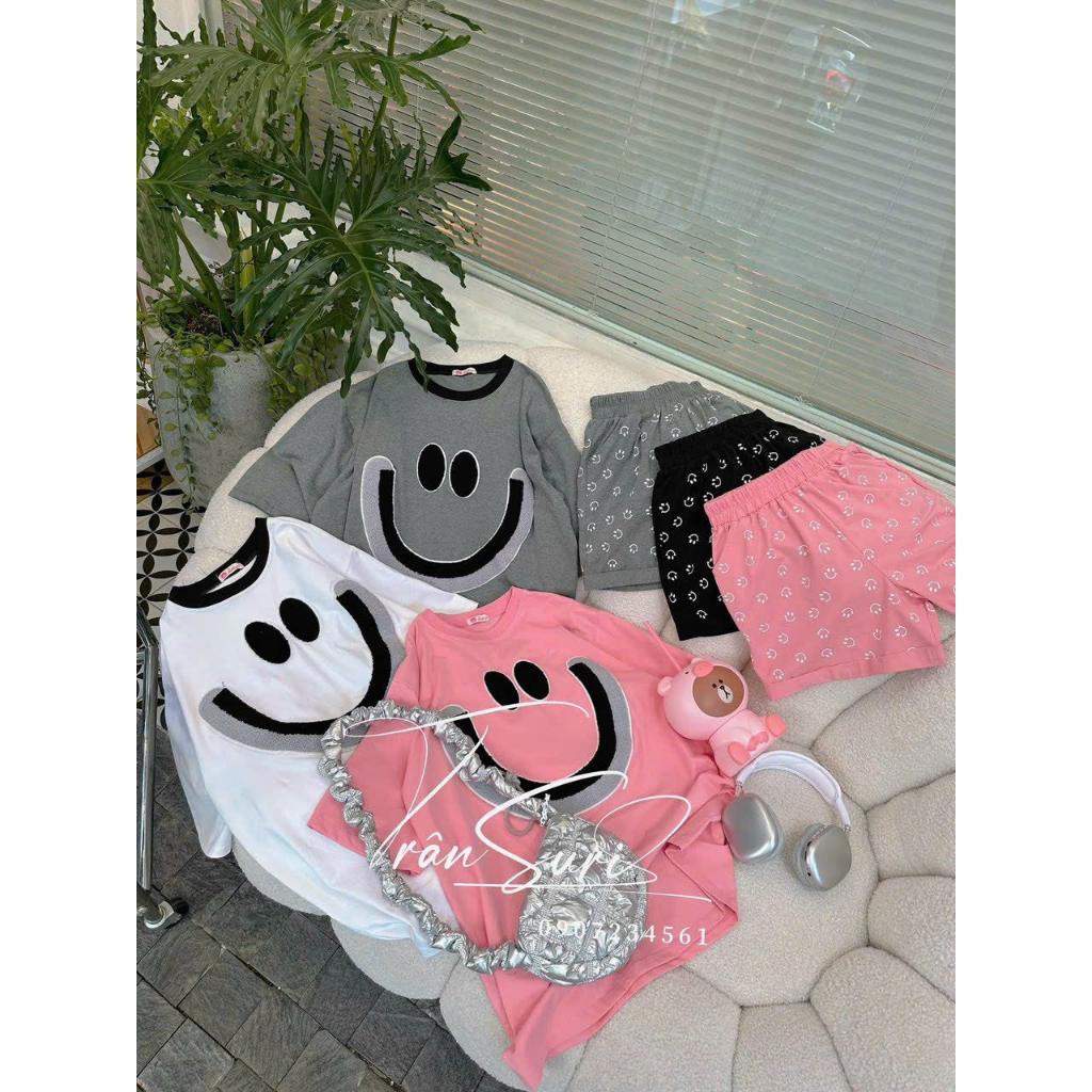 [7.7 Sales Freeship] Bộ đồ thun nữ mặc nhà, set áo thun from rộng tay ngắn in mặt cười mix quần sooc đùi họa tiết cute