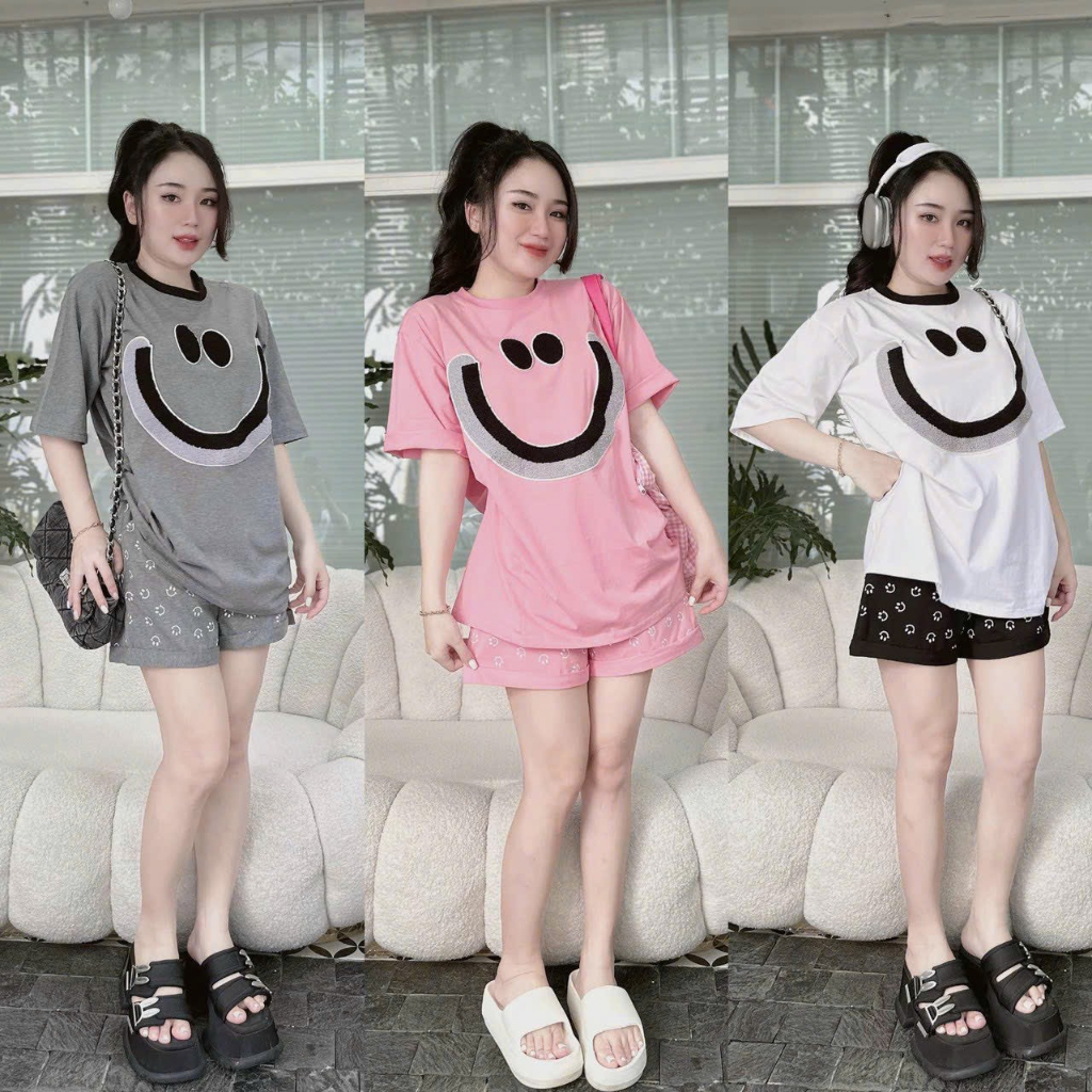 [7.7 Sales Freeship] Bộ đồ thun nữ mặc nhà, set áo thun from rộng tay ngắn in mặt cười mix quần sooc đùi họa tiết cute
