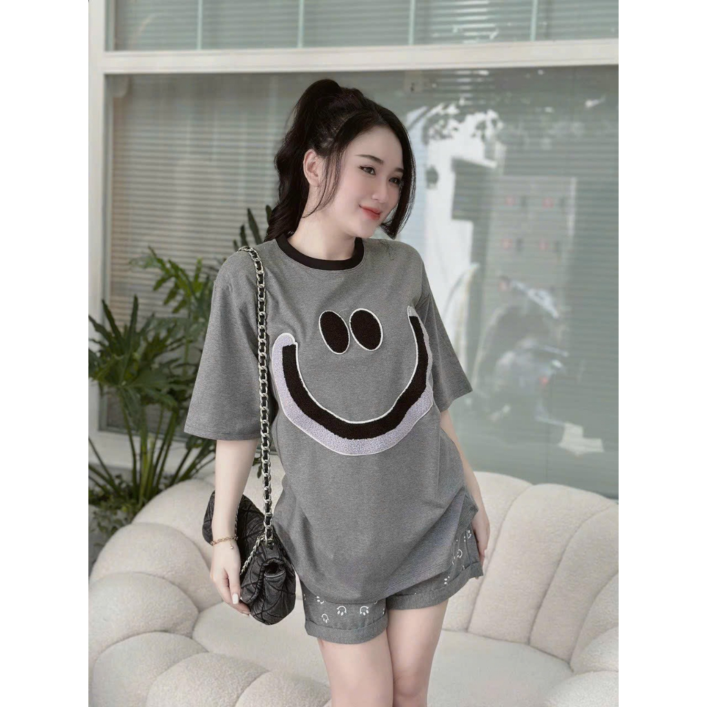 [7.7 Sales Freeship] Bộ đồ thun nữ mặc nhà, set áo thun from rộng tay ngắn in mặt cười mix quần sooc đùi họa tiết cute