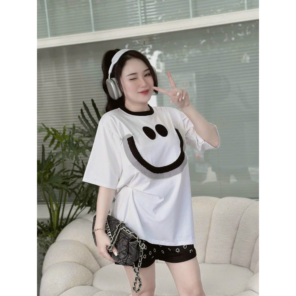 [7.7 Sales Freeship] Bộ đồ thun nữ mặc nhà, set áo thun from rộng tay ngắn in mặt cười mix quần sooc đùi họa tiết cute
