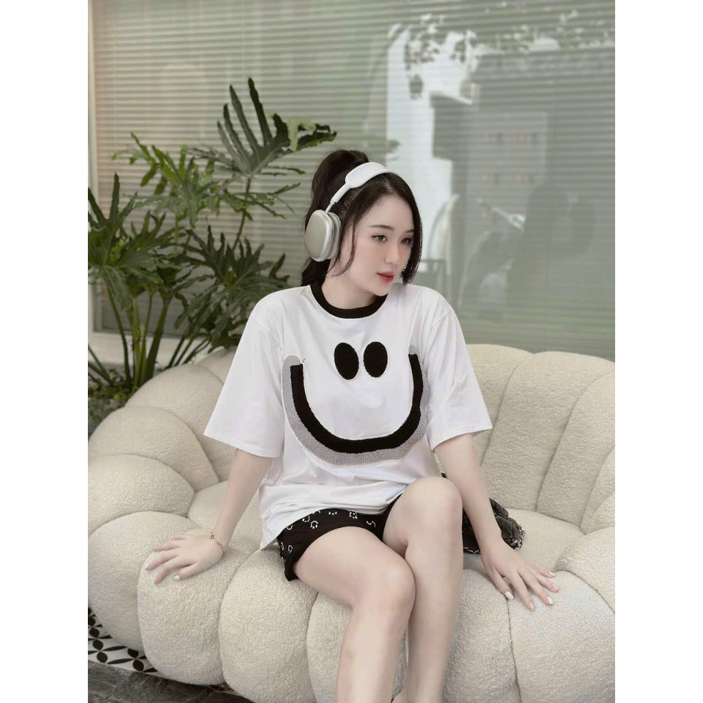 [7.7 Sales Freeship] Bộ đồ thun nữ mặc nhà, set áo thun from rộng tay ngắn in mặt cười mix quần sooc đùi họa tiết cute