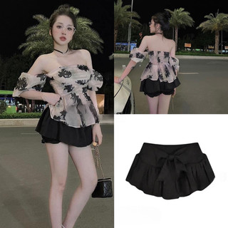 Sét áo tơ trễ vai mix quần váy nơ