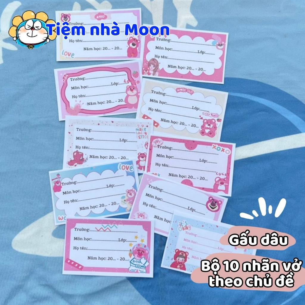 Bộ 10 nhãn vở gấu dâu, Kuromi, Bơ, Doremon
